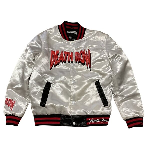 Death Row Records Satin Bomber Jacket Sz M White & Red Embroidered Unisex - Picture 2 of 9